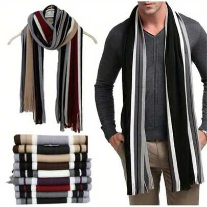 1pc Men's Plaid Scarf - Soft Warm 100% Polyester, Thick Winter Scarf With Striped & Solid Patterns, Multi-Color Options For Casual & Formal Outfits
