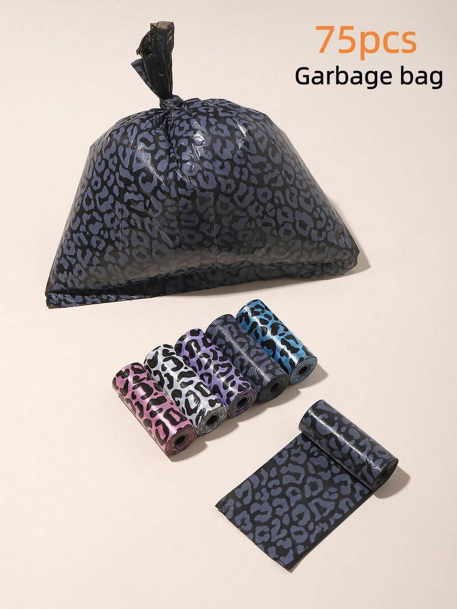 75pcs/5rolls Disposable Garbage Bags, Leopard Print Diaper Changing Trash Bags, Convenient Portable, Car Trash Bags, Suitable For Outdoor Stroller, Living Room, Bathroom, Nursery Cleaning, Random Color