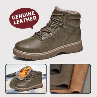 urtesico Women's High-End Genuine Leather Ankle Boots With Fur Lining, Warm & Thick For Autumn/Winter, New Versatile Thick-Sole Winter Snow Boots, Super Warm Dual-Color Fluffy Outdoor Hiking Boots, Arctic-Level Insulation, Fashionable For Daily, Casual, Office Wear