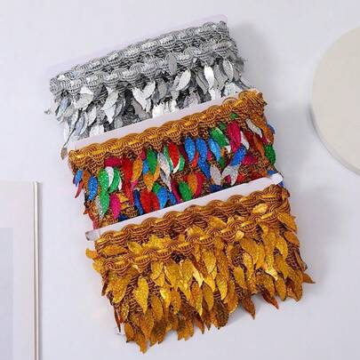 Dây tua rua đính kim sa hình lá, dài 2 thước Anh (6cm), phụ kiện may vá bằng ruy băng satin.