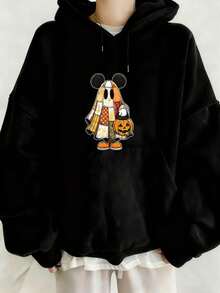 [Disney Authorized] Oversized Women's Hoodie Mickey Mouse Halloween Costume Print Long Sleeve Pullover Sweatshirt Comfortable Autumn Winter Hooded Top Essential For Casual Wear And Holiday Outfits - Black - View 1