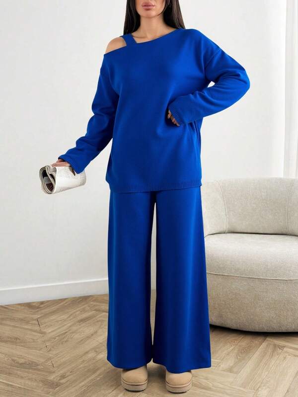 Women's Elegant One Shoulder Knitted Tunic Blouse Long Sleeve Drop Shoulder Top For Casual And Cute Style