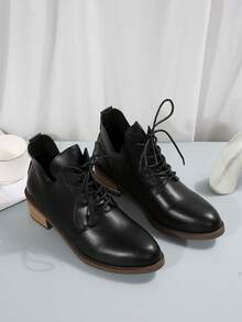 Women's Fashion Brown Pointed Toe Chunky High Heel Ankle Boots - Stylish Soft Exterior, With Front Lace-Up, Suitable For Autumn/Winter