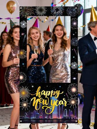 1pc Black & Gold Fireworks City 2026 New Year Photo Booth Frame Banner 180x90cm, Washable & Reusable Fabric With 4 Holes, New Year's Party Photo Prop Decor