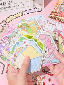 100 件/盒 50 种设计微型风景贴纸,缓解压力 3D 分层小房子 DIY 工艺贴纸材料 - 彩色 - 查看 5