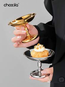choxila 1pc Stainless Steel Ice Cream Cup, Metal Serving Dessert Bowl, Serving Tray, Food Plates, High Footed Yogurt Snack Candy Cups For Salad Fruit Pudding, Silver/ Gold, Family Gatherings, Weddings, Ramadan, Eid Al-Adha - Multicolor - View 2