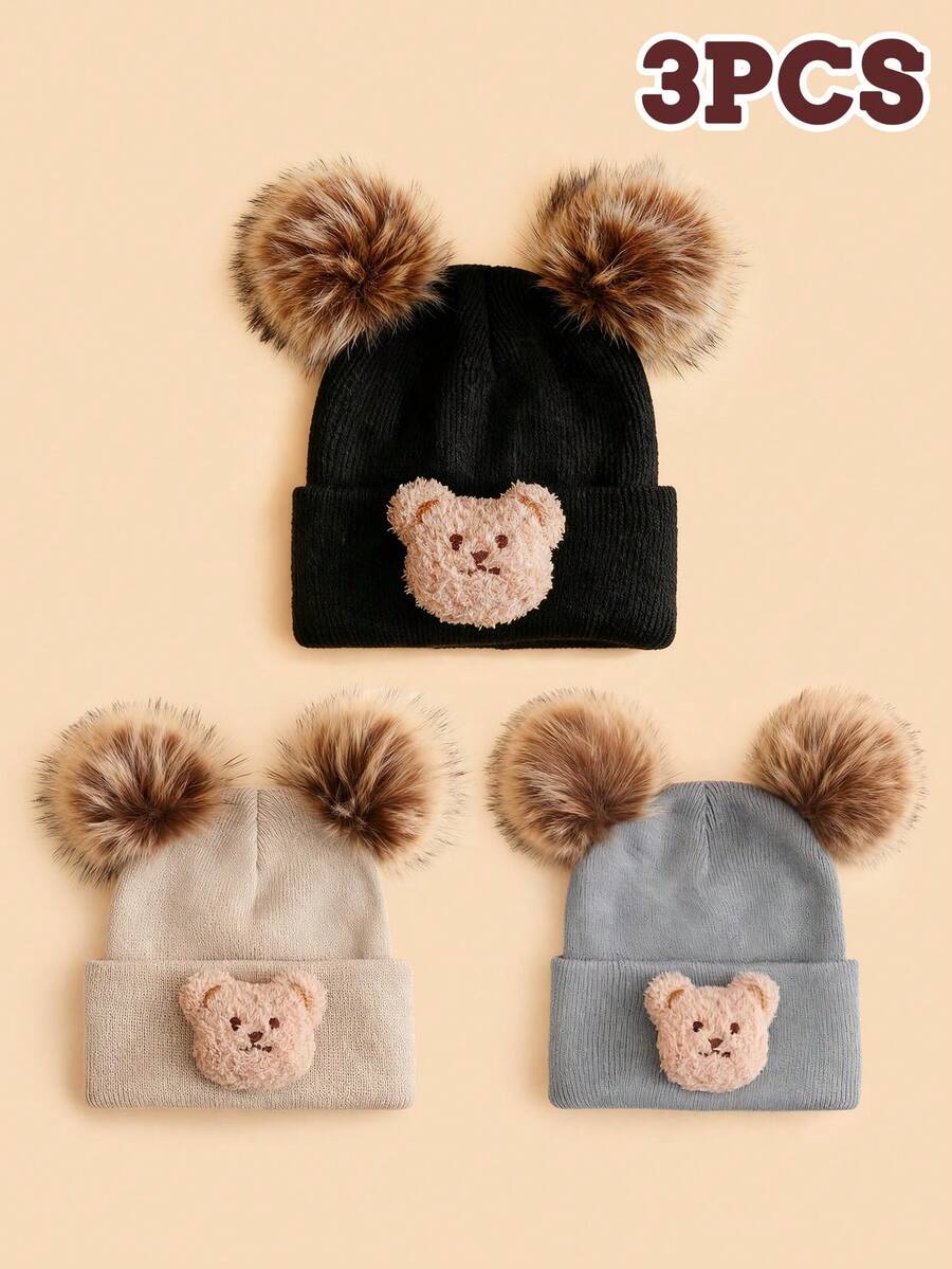 3 pezzi Set di berretti invernali lavorati a maglia per bambini, cappello lavorato a maglia con orecchie di orso e doppio pon pon, adatto per l'uso quotidiano dei bambini e per il ritorno a scuola - Multicolore - Visualizzare 1
