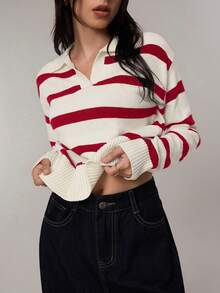 FOR BEAUTY 春夏新款红色 Polo 领半拉链复古条纹撞色长袖针织衫，女款，J 码，时尚宽松通勤风毕业季针织套头衫，新年女装 - 紅色 - 查看 6