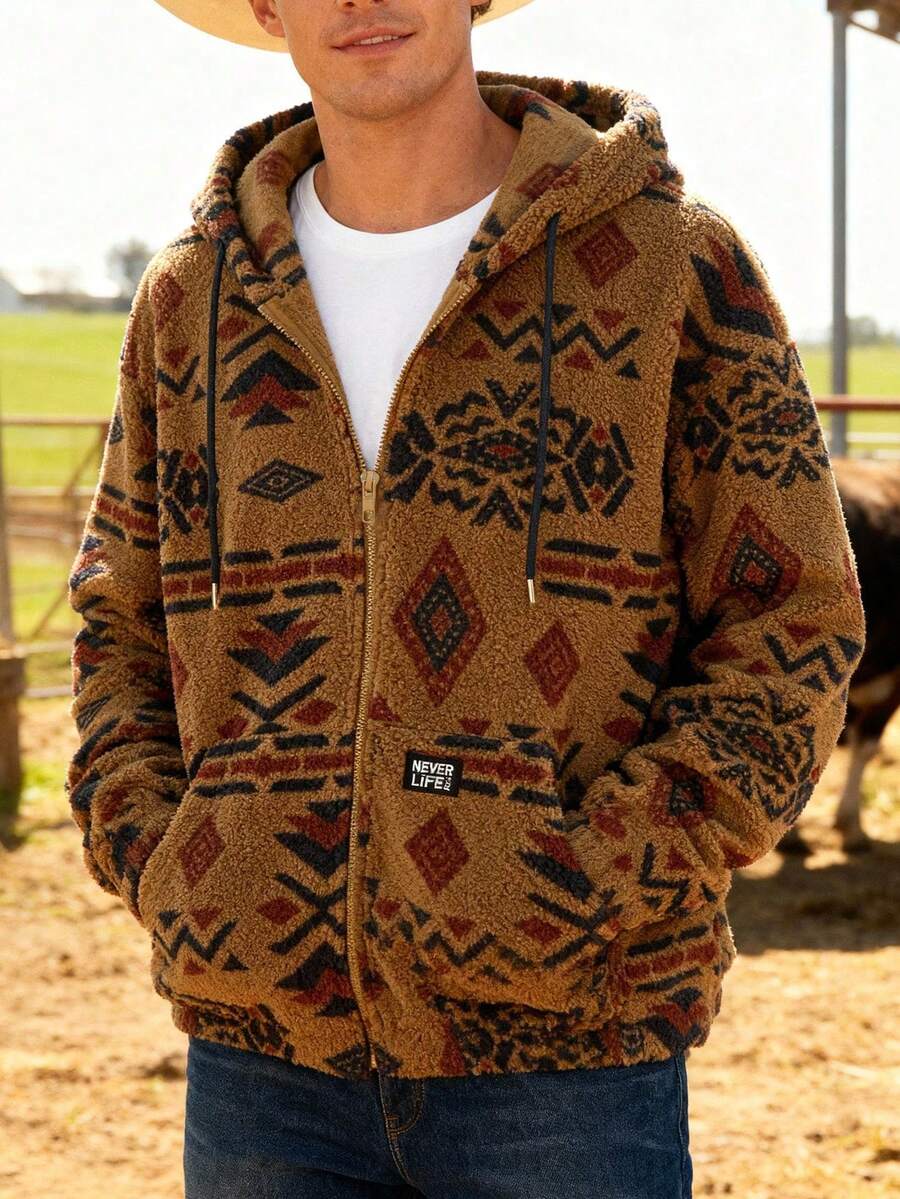 Men's Fashionable Fleece Lined Hoodie, Classic Printed Sherpa Lined Full Zip Hoodie Sweatshirt With Drawstring, Casual Streetwear For Autumn/Winter