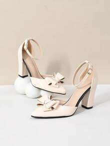 Fashionable Thick Super High Heel Closed Toe Backless Slingback Sandals, Adjustable Buckle Strap, Jelly Patent Leather Material, Pointed Toe, Size 3-4 Black Bow Decor, Rhinestone, Plus Size 43-44 Deep Red, Low Vamp, White Color, Comfortable, Hollow Low-Cut High Heels, Suitable For Work, Wedding, Nightclub, Cute, Versatile, New Korean/European Style - Apricot - View 7