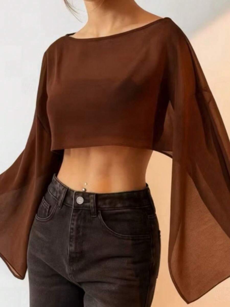 Cropped Cape In Transparent Tulle With Asymmetrical Flare Sleeves - Rust Brown - View 1