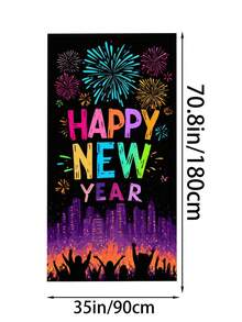 1件新年快乐多彩烟花城市剪影门帘，充满活力的节日风格涤纶长方形门帘，饰有彩色“新年快乐”字样、人群剪影和闪光细节，经久耐用，引人注目，适用于新年庆祝活动、节日派对、家居入口装饰、一月庆祝活动。 - 彩色 - 查看 20