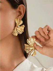 1 Pair Retro Fashion Geometric Metal Leaf Earrings, Suitable Women's Wedding, Date, Daily Wear - 黃金 - 查看 1