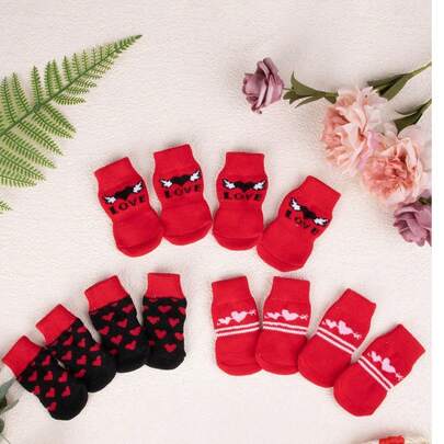 4/8 đôi tất in họa tiết ngẫu nhiên cho thú cưng, tất ấm chống trượt cho ngày lễ tình nhân dành cho chó