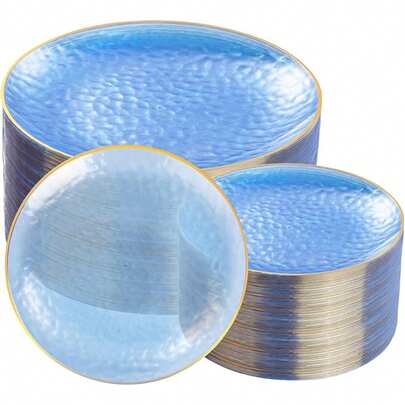 Bộ 50/25/7/1 món màu xanh nhạt viền vàng gồm đĩa ăn tối, đĩa salad và khay phục vụ 10.25 inch và 7.5 inch, thích hợp cho các bữa tiệc, họp mặt gia đình, sự kiện, ngoài trời, đám cưới, nhà hàng.