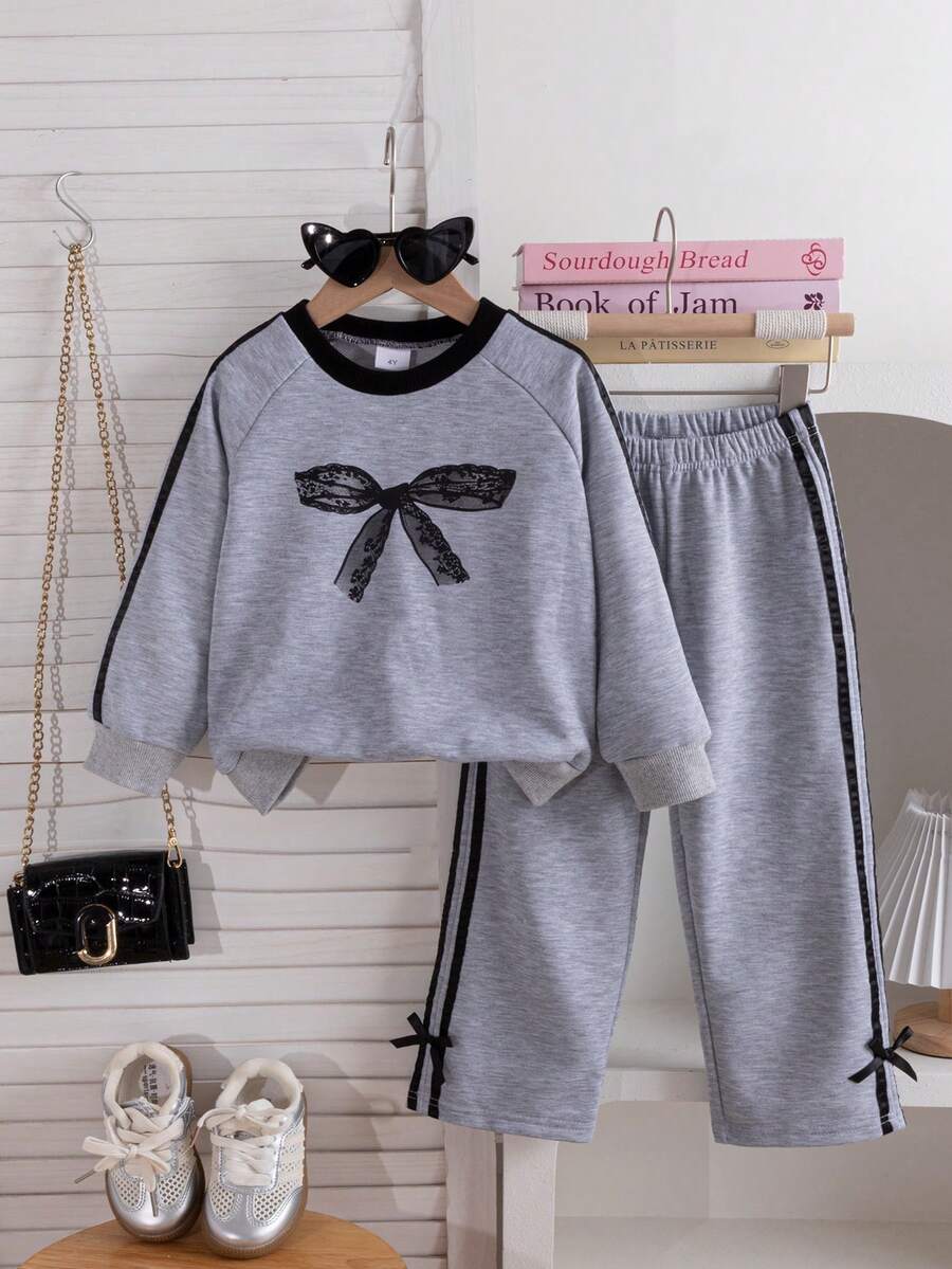2pcs/Set Young Girl Casual Chic Bow Print Sweatshirt With Side Stripes And Straight Leg Pants, Suitable For Daily, Outdoor, School, Commute, Sports, Autumn/Spring - Grey - View 1