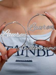 Personalized 80mm Bamboo Knot Name Hoop Earrings, Stainless Steel Custom Name Star Earrings, Jewelry Gift For Women, Christmas - Gold-ordinary Sandblasted Earrings - View 2