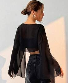 Cropped Cape In Transparent Tulle With Asymmetrical Flare Sleeves - Black - View 2