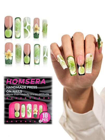 10Pcs Green Nail Art Long Square Press On Nail Art Handmade, DIY 3D Flower Smudge Gradient Homemade Nail Art Stickers, With Gold Stars And Gold Beads Decoration, Suitable For Girls And Women Nail Art Supplies Daily Wear And Holiday Party Decoration Gifts