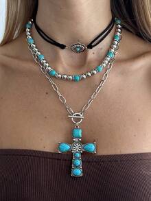 2/Pack 3pcs/Set Bohemian Style Beaded Turquoise Pendant Necklace, Luxury Fashion Vacation Party Necklace For Women, Versatile Gift - Necklace - View 13