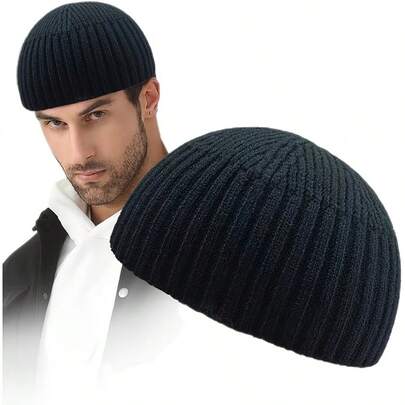 1 Gorro de malha curta masculino para inverno - Gorro de malha elástica com design de cúpula ajustada, lavável à mão e quente. Azul-marinho escuro/preto. Aba curta adequada para climas frios. Roupas masculinas de inverno, adequadas para o deslocamento diário, ocasiões casuais e formais - Acessórios de outono e inverno, chapéus de inverno, chapéus de inverno masculinos, gorros femininos, chapéus de inverno masculinos, chapéus de inverno femininos, chapéus de balde, chapéus quentes masculinos, chapéus e moletons masculinos