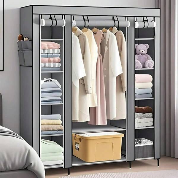 Portable Wardrobe Closet With Hanging Rod & 12 Shelves, Non-Woven Fabric Clothes Organizer, Grey