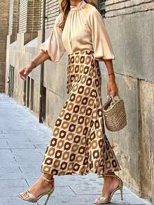 大码女士优雅棕色复古印花半身裙，适合日常通勤、办公穿着、约会、下午茶等场合，精致缎面中长裙，春季必备 - 杏色 - 查看 1