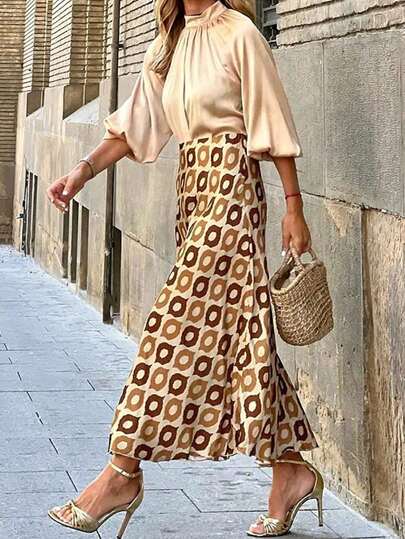 Falda midi de satén refinada con estampado floral vintage elegante en marrón para mujer de talla grande, adecuada para el uso diario, la oficina, citas, el té de la tarde