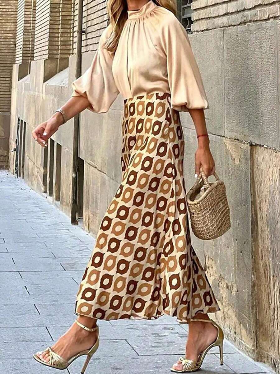 大码女士优雅棕色复古印花半身裙，适合日常通勤、办公穿着、约会、下午茶等场合，精致缎面中长裙，春季必备 - 杏色 - 查看 1