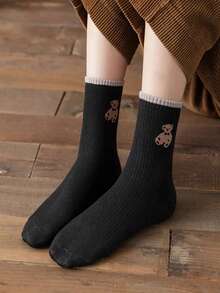 5 Pairs Women's Bear Pattern Mid-Calf Socks, Casual/Preppy Style Short Socks, Assorted Colors, Spring/Summer - Multicolor - View 9