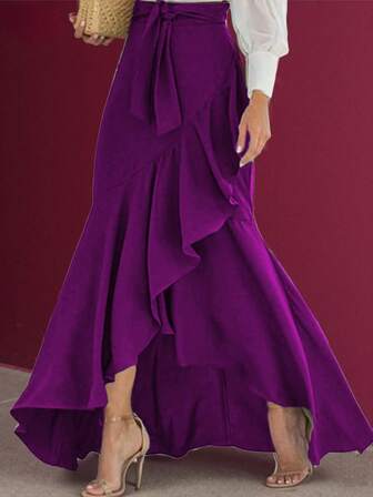 女士纯色系腰带修身不对称荷叶边下摆优雅半身裙，休闲性感，适合约会、万圣节穿着