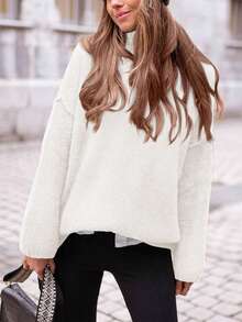 Women's Fall Knit Sweater Casual Long Sleeve Turtleneck Loose Chunky Pullover Tops - 白色 - 查看 5