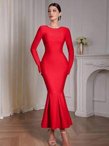 Women's Elegant Patchwork Design Fish Tail Hem Long Bandage Dress,Elegant Long Sleeve Bodycon Bandage Dress,High-End Handmade Rhinestone Embellished Party Dress, Luxury Celebrity Runway Dress, Gala Evening Gwon,Red Christmas Dress For Women,New Year Dress