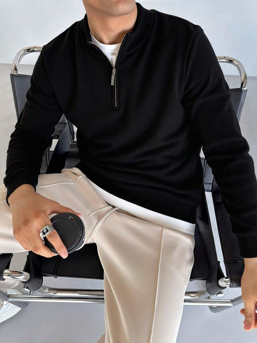 Zrgoth Herrtröja med lång ärm och dragkedja, mångsidig för vardagsbruk - Svart - Visa 1