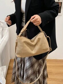 1 Túi đựng gối vải nhung màu kaki, thời trang tối giản, màu trơn, dung tích lớn, túi đeo vai nữ, đeo chéo - Màu Khaki - Xem 2