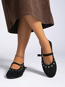 Mary Jane Round Toe Flat Shoes, Preppy School Basic Style With Buckle & Metal Eyelets, Suitable For Home & Office - Black - View 3