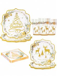 10pcs/20pcs/50pcs/80pcs Merry Christmas Reindeer Party Supplies Kit Christmas Deer Tree Snowflake Tableware Xmas Winter Disposable Dinnerware Paper Napkin Plate Cup For Holiday Dinners Christmas Parties And Winter Events - Multicolor - View 1
