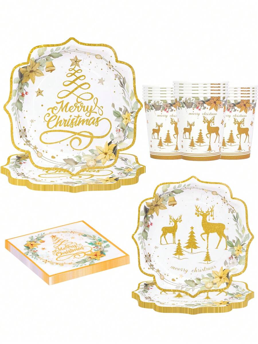 10pcs/20pcs/50pcs/80pcs Merry Christmas Reindeer Party Supplies Kit Christmas Deer Tree Snowflake Tableware Xmas Winter Disposable Dinnerware Paper Napkin Plate Cup For Holiday Dinners Christmas Parties And Winter Events - Multicolor - View 1