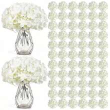 60pcs White Silk Hydrangea Artificial Flowers, Fluffy Faux Hydrangea Flower Heads With Stems, Fake Hydrangeas For DIY Crafts, Table Centerpieces, Wedding Bridal Bouquet, Home Party Arch Garland Decoration - 白色 - 查看 4