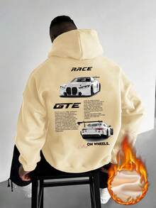 赛车爱好者必备！男士休闲赛车文化元素印花连帽衫，秋冬款，长袖上衣 - 杏色 - 查看 3