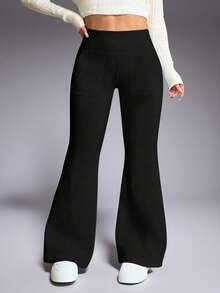 Winter 1pc Women's Plus Size High Waist Yoga Flare Pants, Fashionable, Suitable For Autumn/Winter, Multifunctional Outdoor Cycling, Thermal Lined, Thick, Flattering - Black - View 9