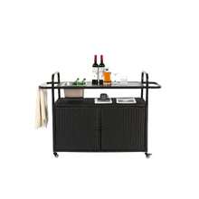 Tavolo da bar per esterni, carrello da bar in vimini con mobiletto, carrello da servizio per patio con piano in acciaio, con secchiello per il ghiaccio, ruote bloccabili, cestino laterale per giardino, piscina e cortile, nero