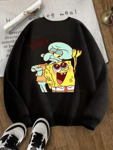 SpongeBob SquarePants 2025 Herbst/Winter Neuheit: Oversized Raglanärmel Unisex Sweatshirt mit witzigem Spongebob Buchstabe Muster. Dieses erschwingliche und bequeme Langarm-Baumwollmischungs-Top hat ein weiches und gemütliches Gefühl. Ob für Lässig, Urlaub, täglichen Street-Style oder Y2K Akademie, dieses vielseitige Teil ist eine ideale Wahl für Schule, Training und den Alltag. - Schwarz - Übersicht 5