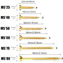 100pcs M5 Flat Head Wood Screws, Zinc Plated Carbon Steel Self-Tapping Screws For Wood, 6 Sizes (M5*25/40/50/60/70/80/90/100), Drive Countersunk Self-Drilling Screws, Yellow Zinc Plated - Gold - View 2