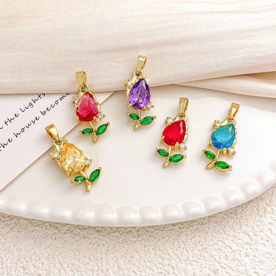 3 piezas Colgante de flor de tulipán de lujo con incrustaciones de circonita de cobre y colores, adecuado para hacer collares, pulseras, aretes y joyería