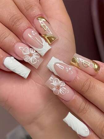 24pcs White Nails Medium Square Acrylic Press On Nails White Pearl &Flowers French Tip Nails With 3D Gel Flower Design Glod Glossy Full Cover Fake Nails Art Fall Winter For Women Girls Daily Dating Party Wear