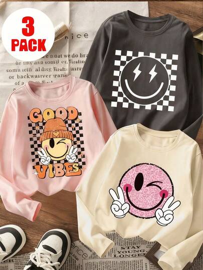 3 piezas de camisetas de manga larga con estampado para niñas preadolescentes, adecuadas para otoño/invierno, ropa para estudiantes jóvenes, apropiadas para exteriores y capas