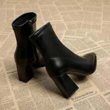 Women's Pointed Toe Mid-Calf Boots, New Autumn/Winter 2025 Collection, Side Zipper, Chunky Heel, Fashion & Versatile Ankle Boots - Black - View 4