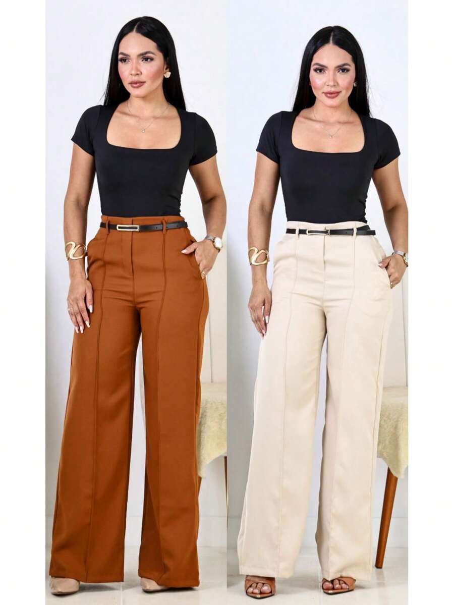 Kit Of 2 Elegant Tailored Women's Wide Leg Pants With Belt - Caramelo / Beige - Ver 1
