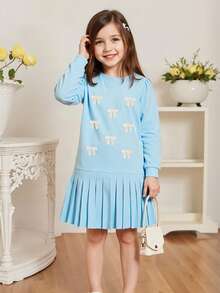 女童秋装浅蓝色蝴蝶结百褶连衣裙蓬松荷叶边下摆治愈系童装适合生日派对 - 淺藍色 - 查看 4